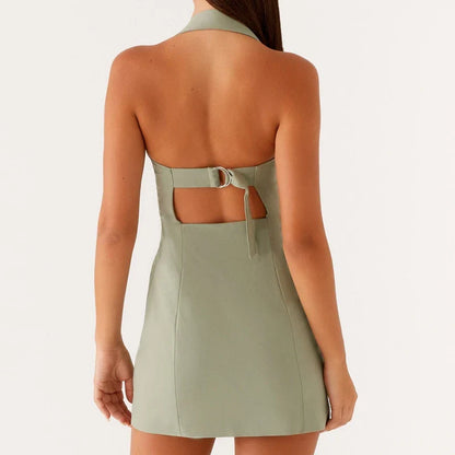 Solid Color Buckle Halter Bodycon Dress