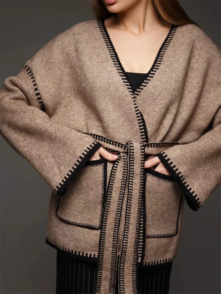 Lace-Up Patchwork Knit Coat