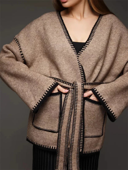 Lace-Up Patchwork Knit Coat
