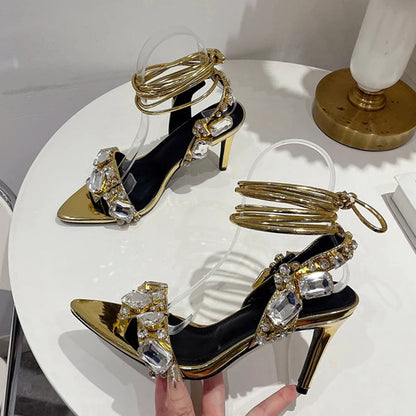 Crystal Diamond Pointed Toe Strappy Heels Women 8.5CM Sandals