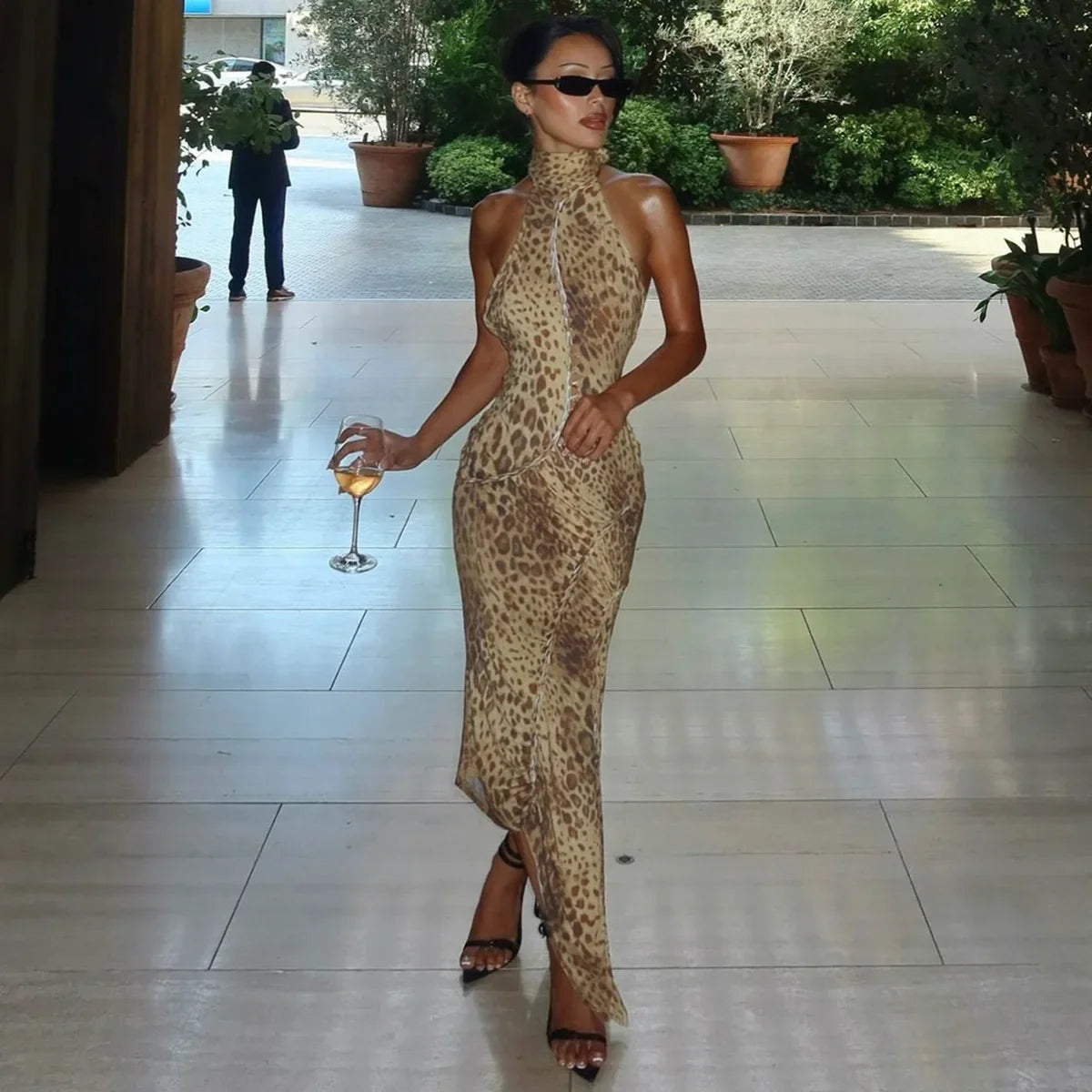 Leopard Halter Bandage Maxi Dress