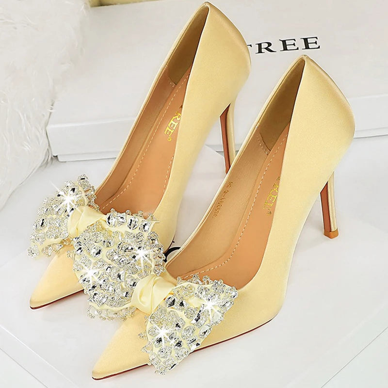 Rhinestone Bow Knot Women Pumps in Large Size 43 for Luxury Banquets