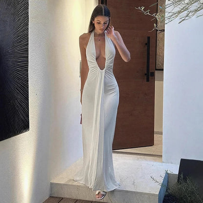 Halter Deep V Ruched Ribbon Prom Dress