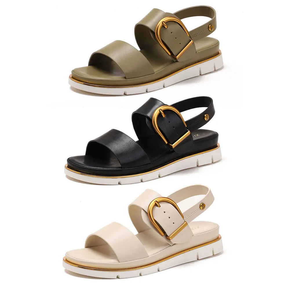 | Gold-Buckle Strap Sandals
