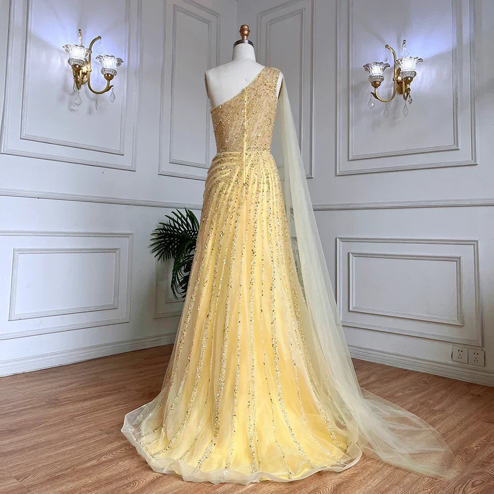 One-Shoulder Cape Sleeve Beaded Evening Dresses