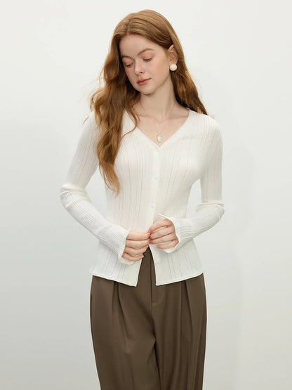 Ribbed V-neck Slit Cuff Knit Cardigan