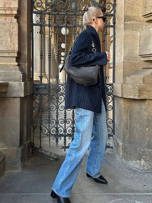 Stripe Stand Collar Blazer Coat