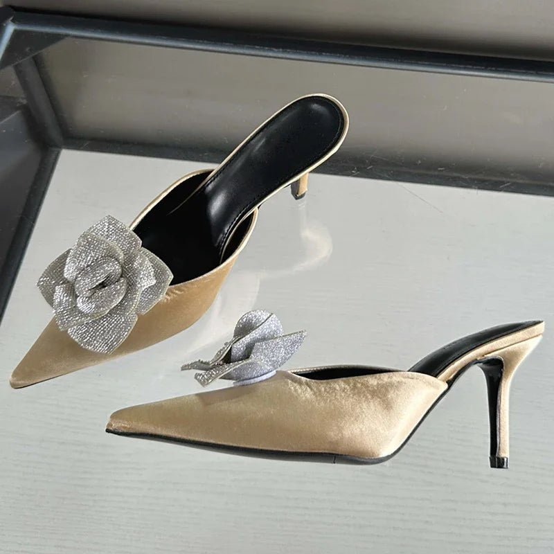 CRYSTAL Flower Silk Pointed Toe Slippers for Women