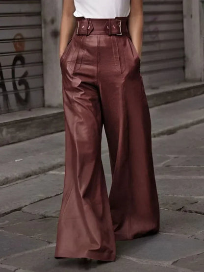New Autumn Winter Faux PU Pants Women Fashion Casual Solid Color Pleated Pockets High Waisted Wide Leg Trousers