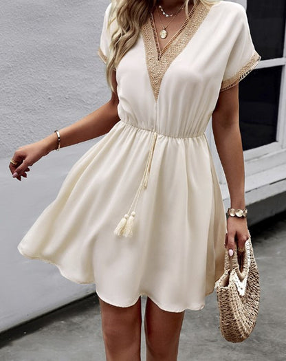 Crochet Trim Deep V-Neck Drawstring Tie Waist A-Line Mini Dress