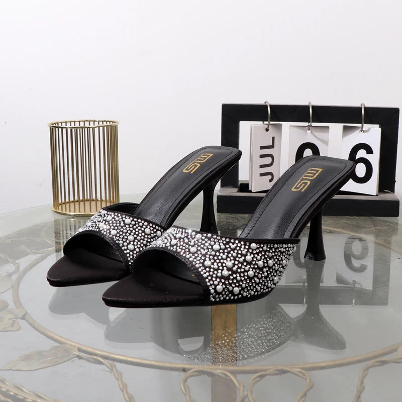 High heeled fishmouth slippers with rhinestones for summer