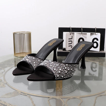 High heeled fishmouth slippers with rhinestones for summer