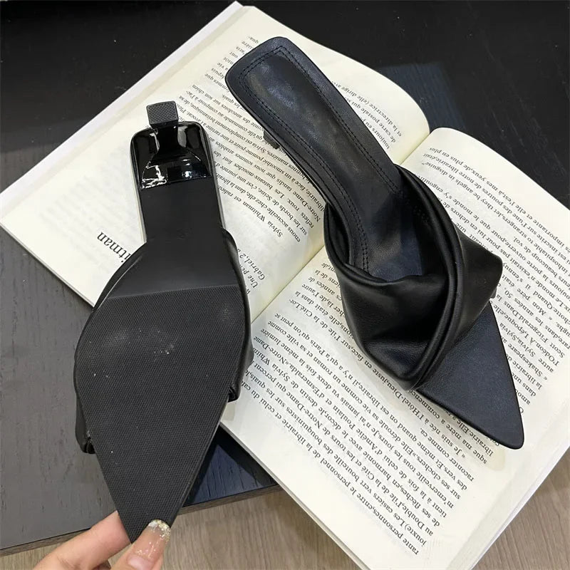 Elegant Pleated Pointed Toe Women Slippers with Thin Low Heels