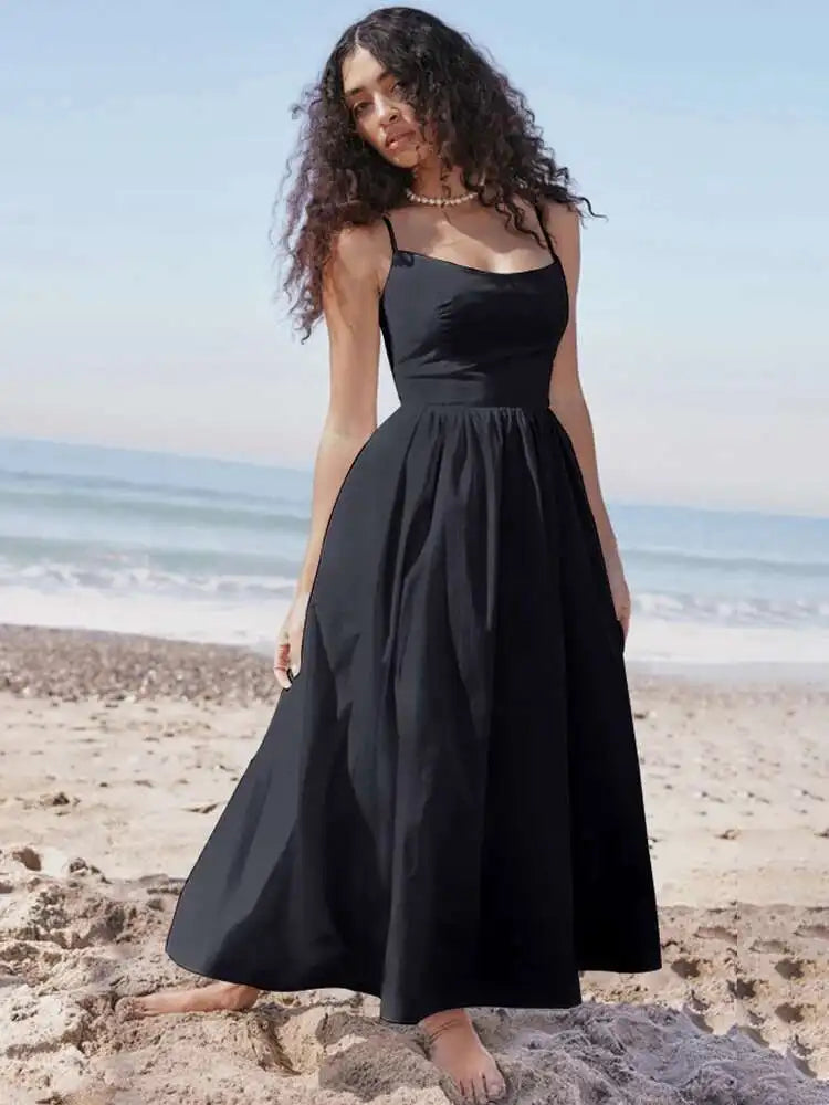 Spaghetti A-Line Backless Midi Dress