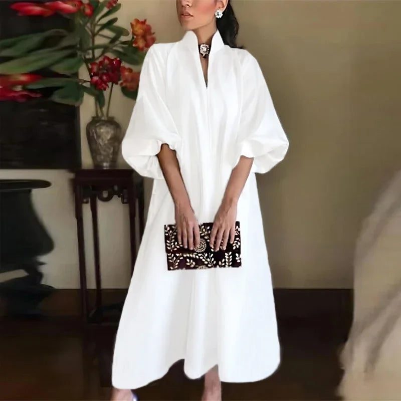 Stand Collar V-Neck Balloon Sleeve Oversized A-Line Maxi Dress