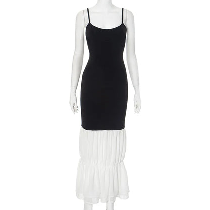 Black Strap White Frill Patchwork Maxi Dress