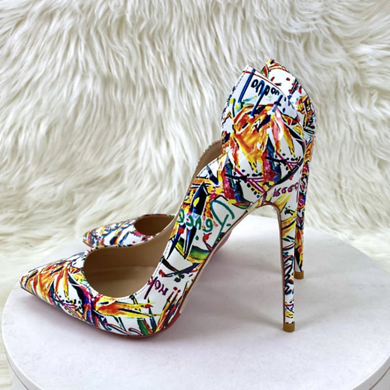 Floral Print V-Cut Pointy Toe High Heel Shoes for Women