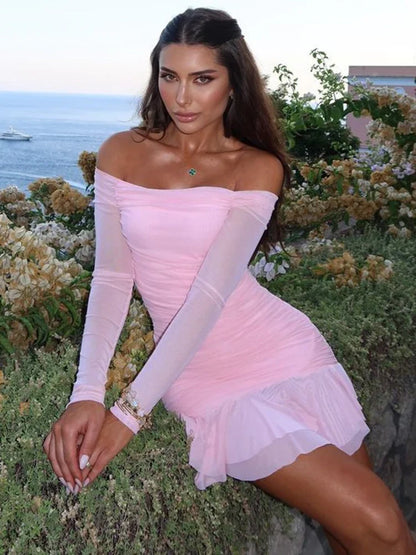 Pink Off Shoulder Ruched Mini Dress