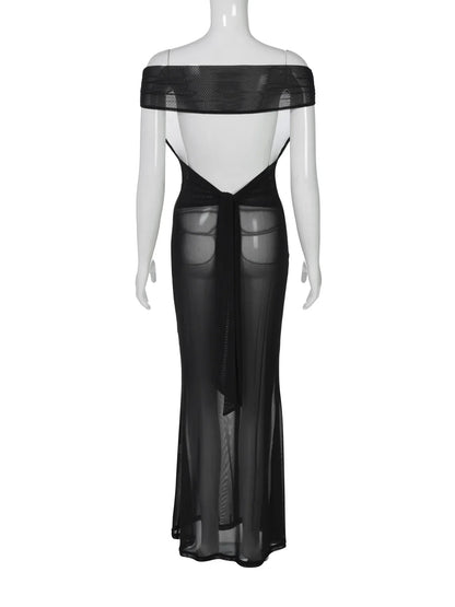 Black Patchwork Off-Shoulder Mesh Long Dress
