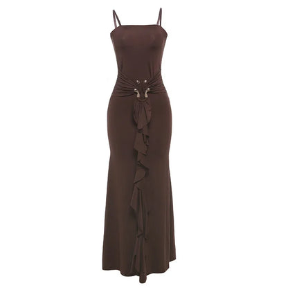 Metal Buckle Ruched Spaghetti Strap Long Dress