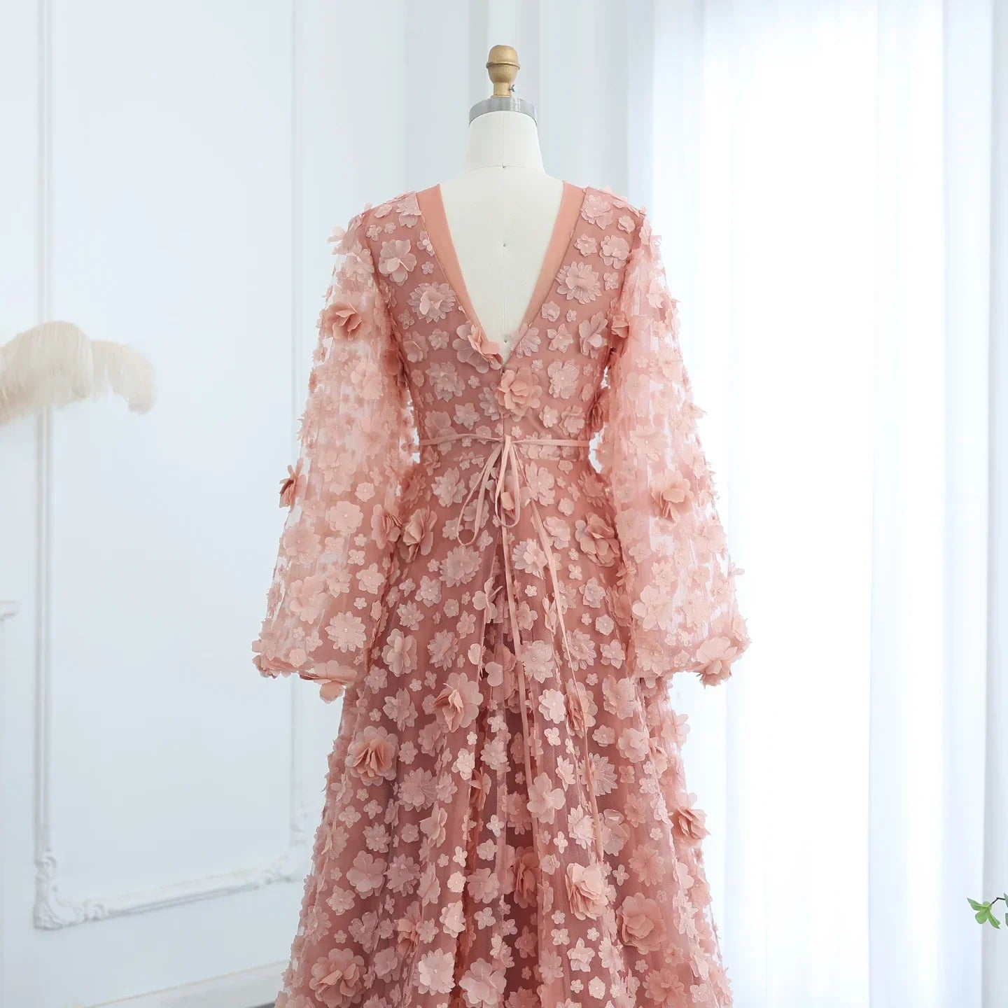 Peach-Pink 3D Flowers Bell Long Sleeves Prom Dress