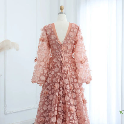 Peach-Pink 3D Flowers Bell Long Sleeves Prom Dress