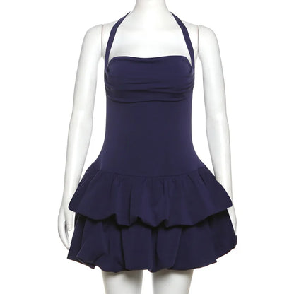 Halter Neck Square Neck Tiered Bubble Hem Mini Dress