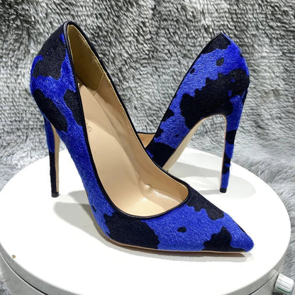 Blue Cow Women Hairy Flock Pointy Toe High Heel Shoes   Cow Women High Heel Shoes