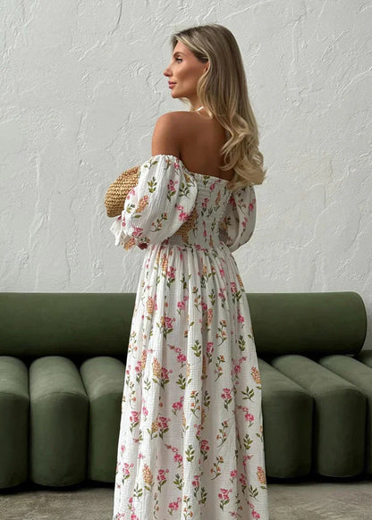 Off-Shoulder Smocked Puff Sleeve Floral Print Crinkled Midi Dress