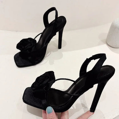 Satin Flower Square Toe Women Sandals