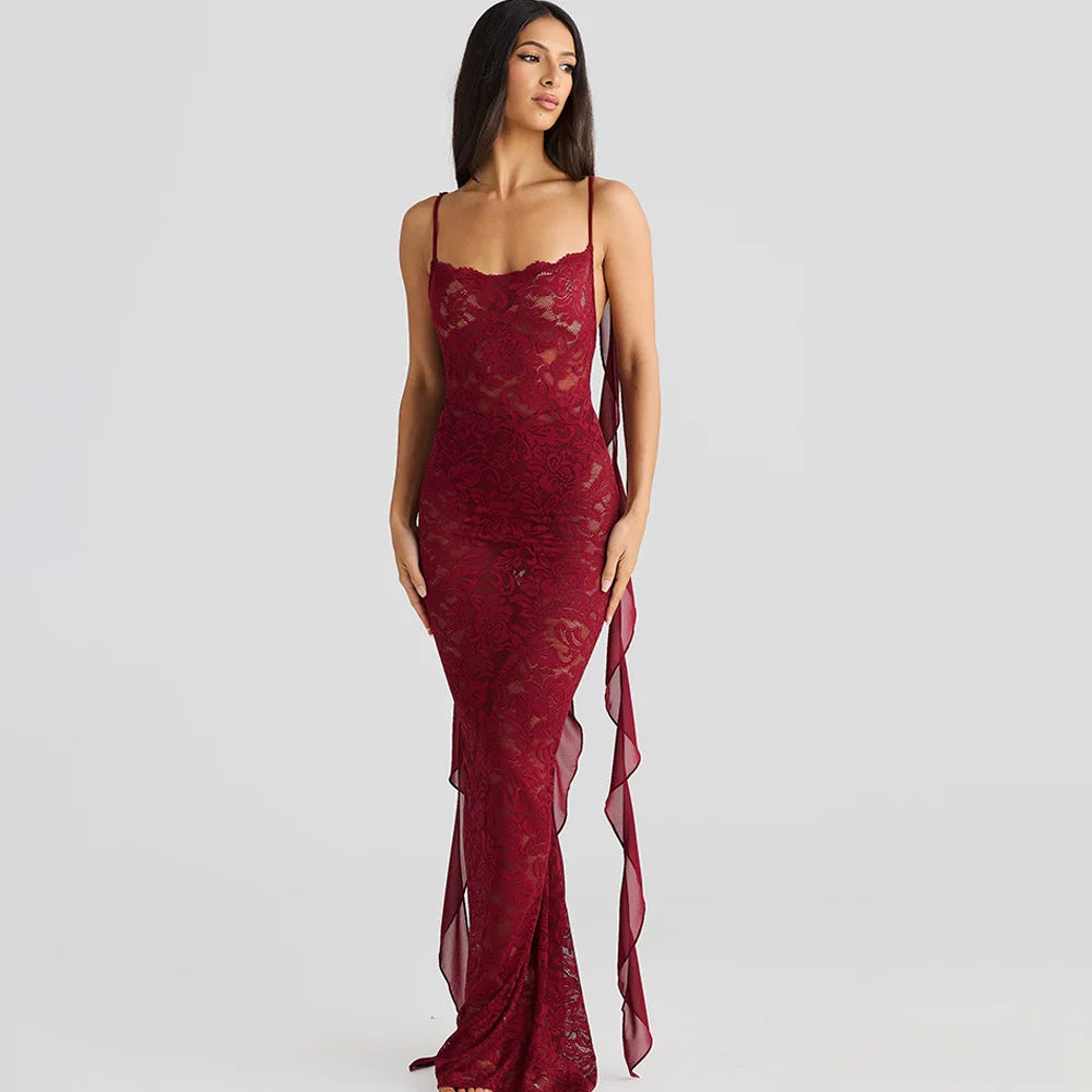 | Backless Lace Mermaid Gown with Chiffon Streamers