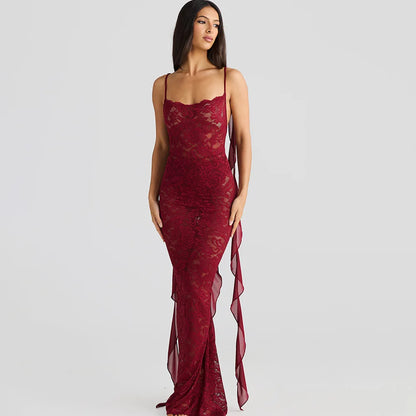 | Backless Lace Mermaid Gown with Chiffon Streamers