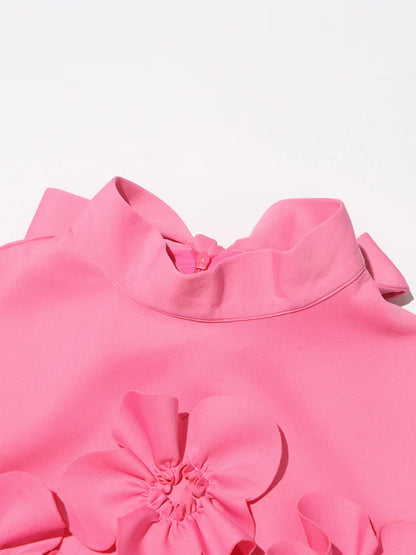 3D Flower Appliqué Mock Neck Midi Dress