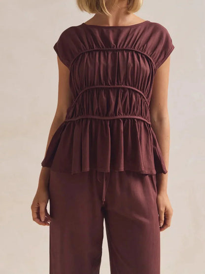 | Ruched Cap Sleeve Peplum Top