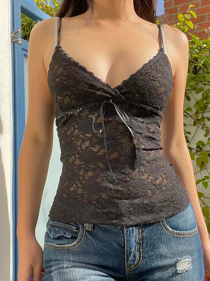 Black Lace V-Neck Cami Crop Top