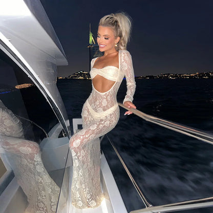 Perspective Lace Hollow Out Bodycon Maxi Dress