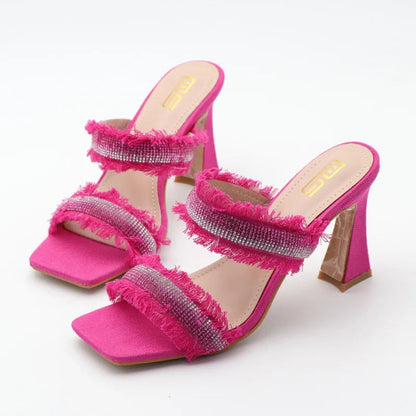 Denim women slippers with new rhinestone plush stiletto heels