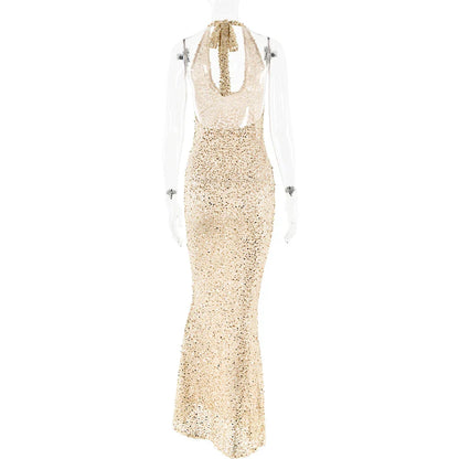 Open Back Sequins Sparkling Halter Maxi Dress