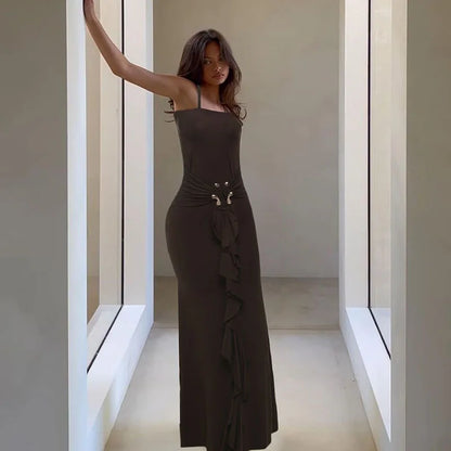 Metal Buckle Ruched Spaghetti Strap Long Dress