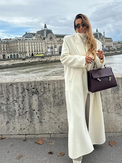 White Elegant Double Breasted Loose Woolen Coat Women Chic Oversized Long Sleeve Overcoat Fall Winter New Ladies Outerwear