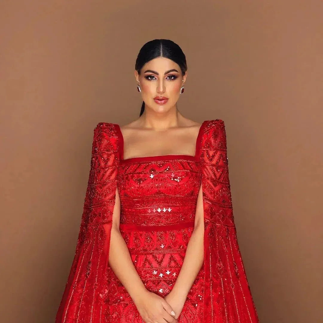 Crystal Beading Evening Dress with Cape Sleeve Customized