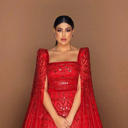 Crystal Beading Evening Dress with Cape Sleeve Customized