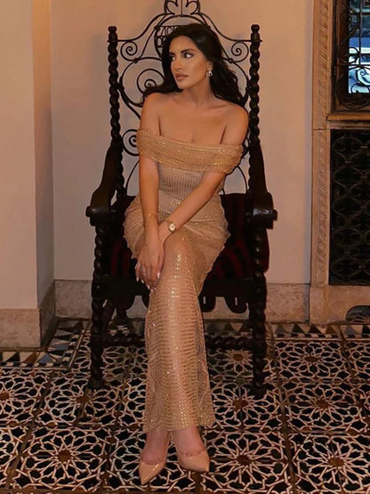 Crystal Mesh Off Shoulder Maxi Dress