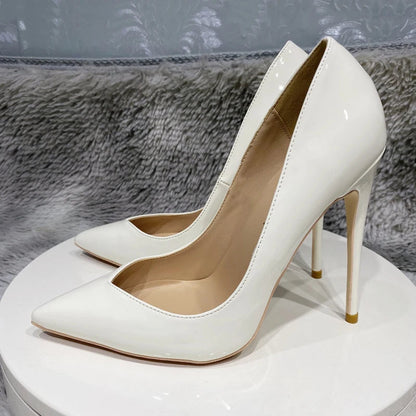 Glossy White Pointy Toe High Heel Shoes with Front V Cut for Women