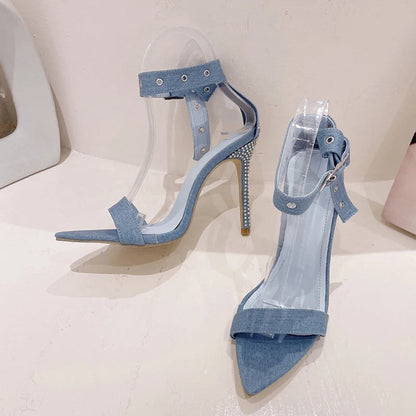 Crystal Rhinestone Thin High Heels Sandals for Women - Summer Fashion