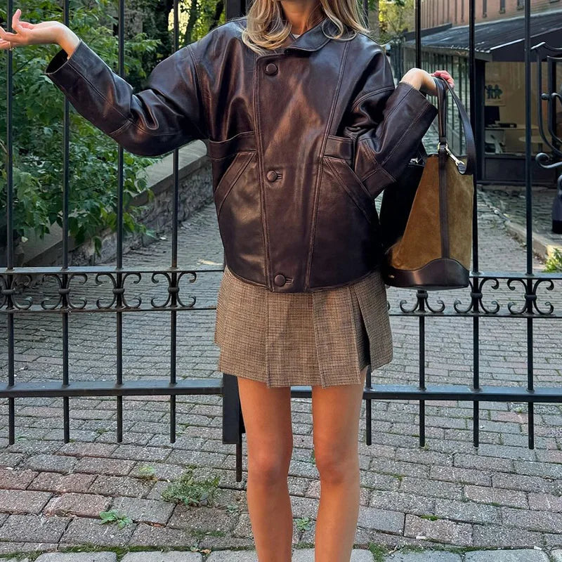 Burgundy Faux Leather Pocket Coat
