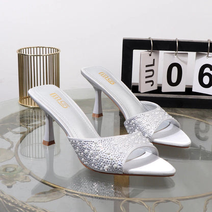 High heeled fishmouth slippers with rhinestones for summer