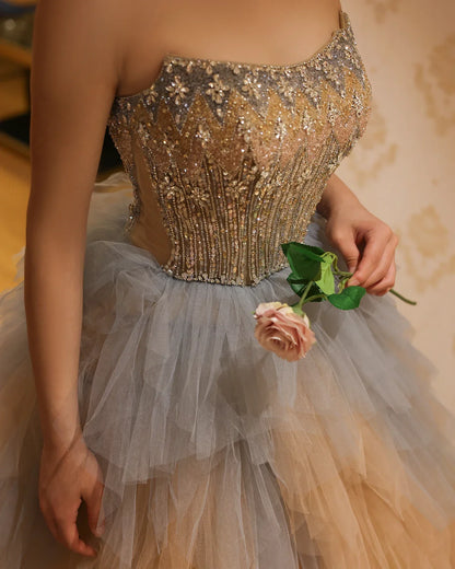 Rose Gold Ruffles Princess Ball Gown Evening Dress