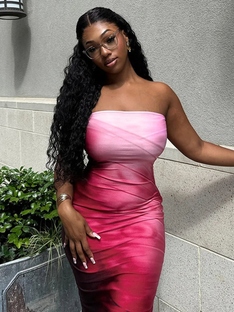 Strapless Print Backless Midi Vacation Dress