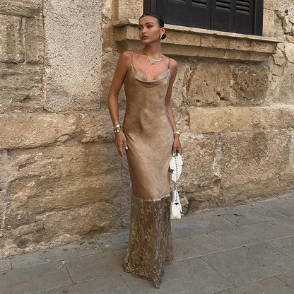 Lace Slash Backless Strap Midi Dress